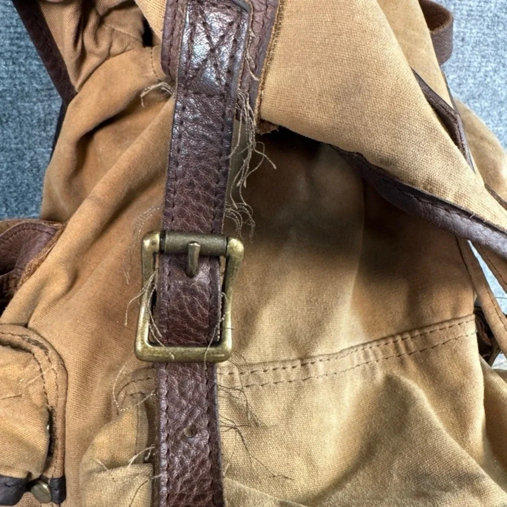 LL Bean Waxed Canvas Leather Rucksack Backpack Brown Tan Outdoor Travel Bag